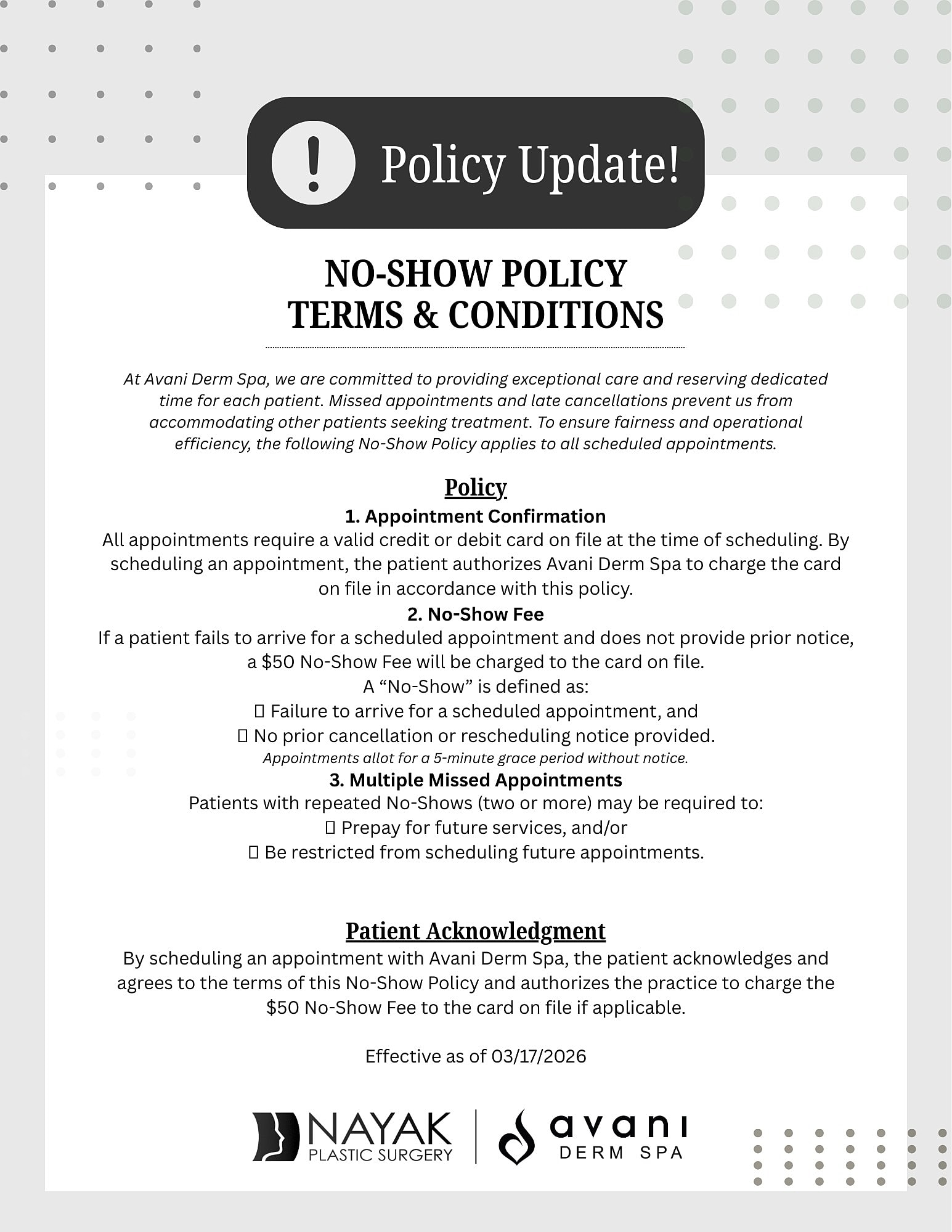 No-show policy and terms for Avani Derm Spa.