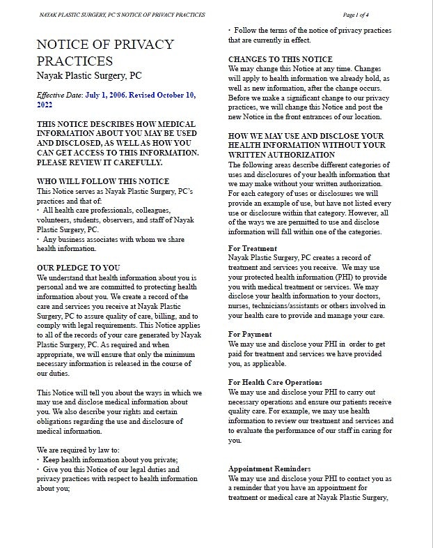 Privacy notice for Nayak Plastic Surgery practices.