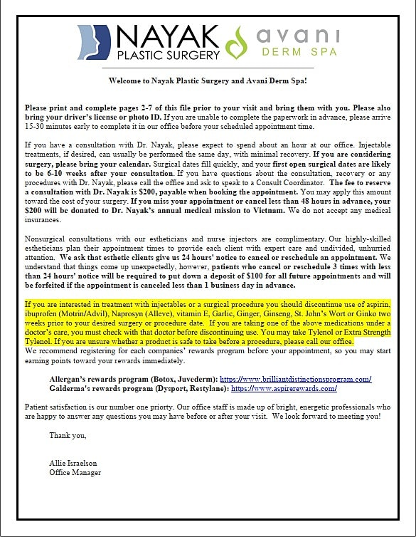 Patient information document for Nayak Plastic Surgery.